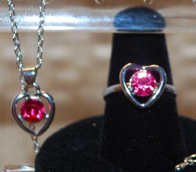 Red/Silver JEWELRY SET Includes Earrings (½") with Post Ends; ADJUSTABLE Size 7 Ring & PENDANT (½" ) on a Silver Tone...