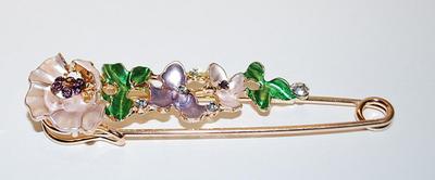 Beautiful Large Bejeweled PIN (3" x ¾") with PURPLE Stones on Blossoms & Leaves on a Gold Tone Pin