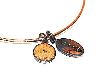 VINTAGE Sliding BANGLE BRACELET (2¼" Opening) with Bejeweled Disk (Stones Missing) and Unknown Additional Tag