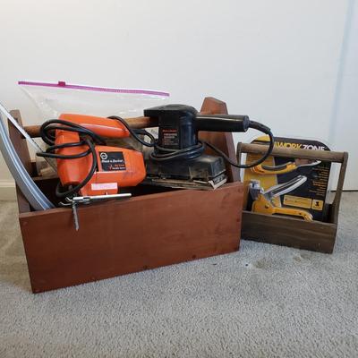 LOT 13F: Black & Decker Finishing Sander & Jig Saw, New Staple Gun, Wooden Toolbox & More