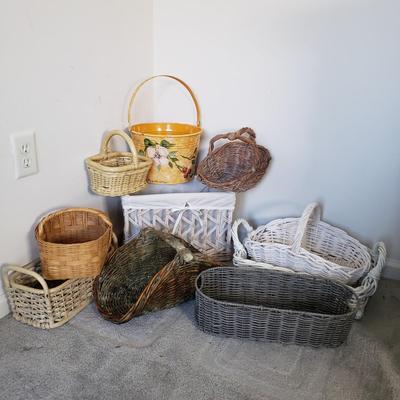 LOT 19F: Rustic Woven Wicker Baskets & Hand Painted Meatal Floral Pail