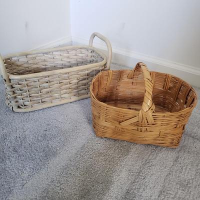 LOT 19F: Rustic Woven Wicker Baskets & Hand Painted Meatal Floral Pail
