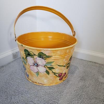 LOT 19F: Rustic Woven Wicker Baskets & Hand Painted Meatal Floral Pail