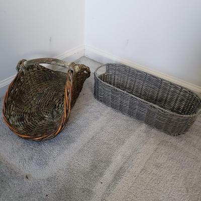 LOT 19F: Rustic Woven Wicker Baskets & Hand Painted Meatal Floral Pail
