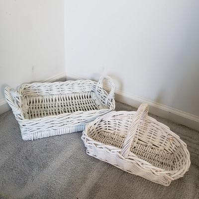 LOT 19F: Rustic Woven Wicker Baskets & Hand Painted Meatal Floral Pail