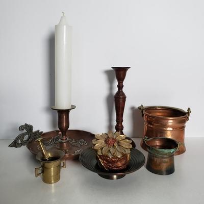 LOT 48F: Collection of Brass & Copper-Mortar & Pestle, Trinket Dishes, Candlesticks & More
