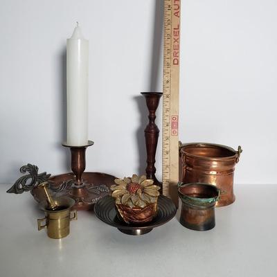 LOT 48F: Collection of Brass & Copper-Mortar & Pestle, Trinket Dishes, Candlesticks & More