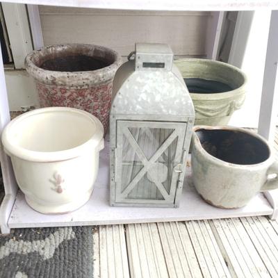 LOT 52P: Four-Tiered Shelf with Collection of Planters & Outdoor Decor