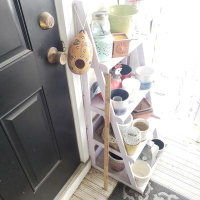 LOT 52P: Four-Tiered Shelf with Collection of Planters & Outdoor Decor