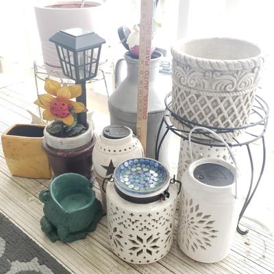 LOT 53P: Plant Stands, Pots, Lanterns, Metal Milk Jug & More