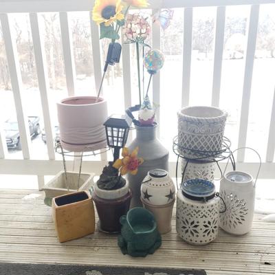LOT 53P: Plant Stands, Pots, Lanterns, Metal Milk Jug & More