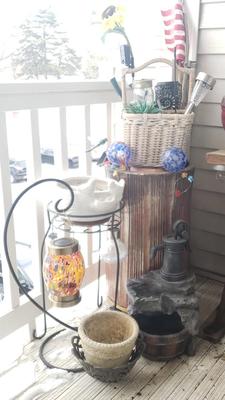 LOT 54P: Large Tree Trunk Style Planter with Assorted Outdoor & Garden Decor