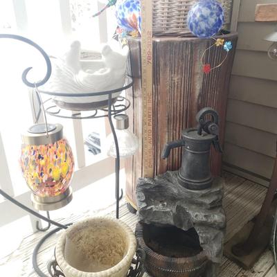 LOT 54P: Large Tree Trunk Style Planter with Assorted Outdoor & Garden Decor