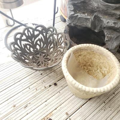 LOT 54P: Large Tree Trunk Style Planter with Assorted Outdoor & Garden Decor