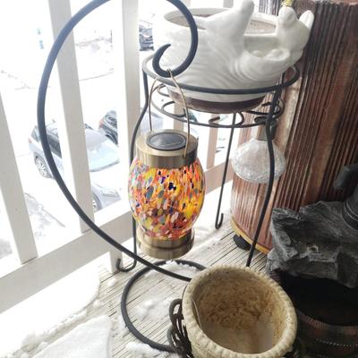 LOT 54P: Large Tree Trunk Style Planter with Assorted Outdoor & Garden Decor