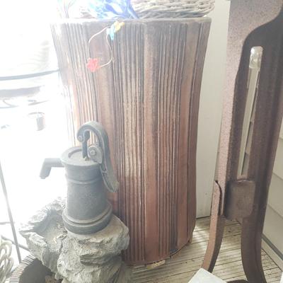 LOT 54P: Large Tree Trunk Style Planter with Assorted Outdoor & Garden Decor