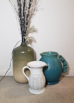 LOT 56F: Decorative Ceramics Pitchers & Floor Vase with Lighted Branch Florals