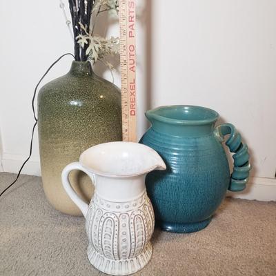 LOT 56F: Decorative Ceramics Pitchers & Floor Vase with Lighted Branch Florals