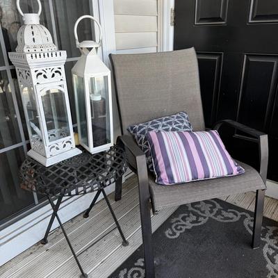 LOT 61P: For the Porch: Outdoor Chair, Folding Side Table, White Decorative Lanterns