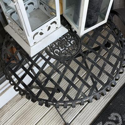 LOT 61P: For the Porch: Outdoor Chair, Folding Side Table, White Decorative Lanterns