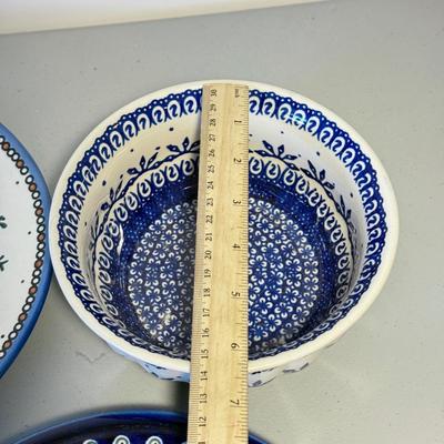 LOT 62K: Boleslawiec Handmade Polish Pottery: Two Blue Lace Bowls & Grecian Peacock, Flowering Peacock & Traditional Floral...