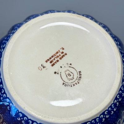 LOT 62K: Boleslawiec Handmade Polish Pottery: Two Blue Lace Bowls & Grecian Peacock, Flowering Peacock & Traditional Floral...