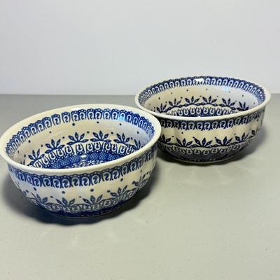 LOT 62K: Boleslawiec Handmade Polish Pottery: Two Blue Lace Bowls & Grecian Peacock, Flowering Peacock & Traditional Floral...