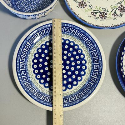 LOT 62K: Boleslawiec Handmade Polish Pottery: Two Blue Lace Bowls & Grecian Peacock, Flowering Peacock & Traditional Floral...