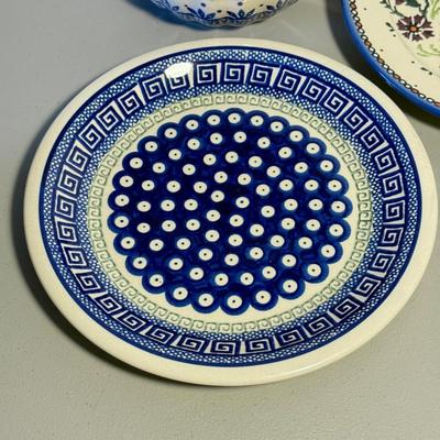 LOT 62K: Boleslawiec Handmade Polish Pottery: Two Blue Lace Bowls & Grecian Peacock, Flowering Peacock & Traditional Floral...