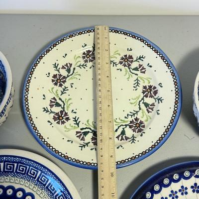 LOT 62K: Boleslawiec Handmade Polish Pottery: Two Blue Lace Bowls & Grecian Peacock, Flowering Peacock & Traditional Floral...