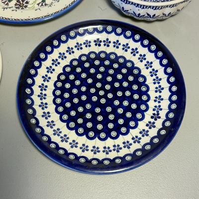 LOT 62K: Boleslawiec Handmade Polish Pottery: Two Blue Lace Bowls & Grecian Peacock, Flowering Peacock & Traditional Floral...