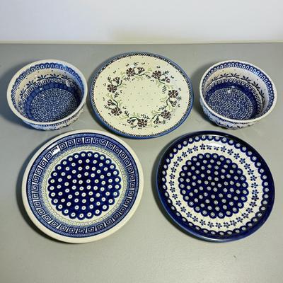 LOT 62K: Boleslawiec Handmade Polish Pottery: Two Blue Lace Bowls & Grecian Peacock, Flowering Peacock & Traditional Floral...