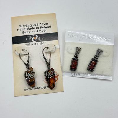 LOT 74J: 925 Sterling & Amber Earrings made in Poland & Pair of NWT Sterling Earrings(7.78g)