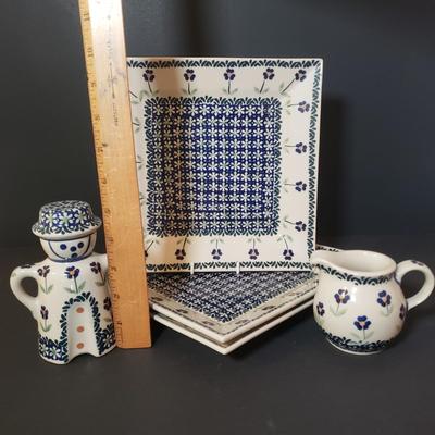 LOT 82K: Matching Polish Pottery Shaker, Pitcher & Plate Set