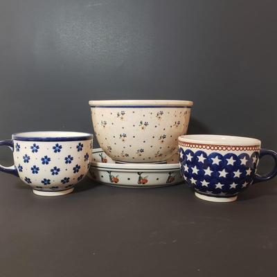 LOT 83K: Polish Pottery Country Meadow Bowl, Country Apple Pie Plate & Mugs