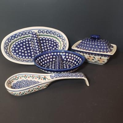 LOT 84K: Polish Pottery Divided Dishes, Spoon Rest & Lidded Dish