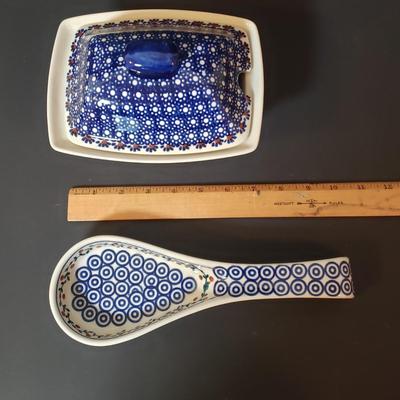 LOT 84K: Polish Pottery Divided Dishes, Spoon Rest & Lidded Dish