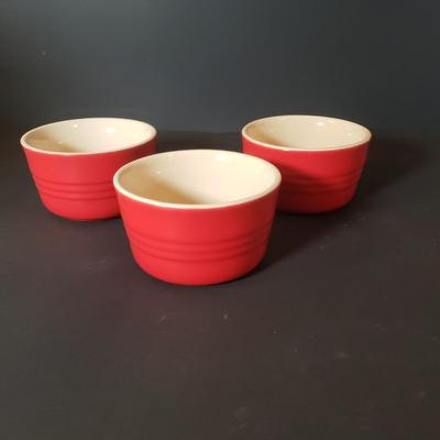 LOT 85K: Le Creuset 9" Cherry Red Pitcher with Ramekins