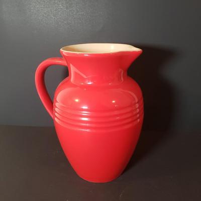 LOT 85K: Le Creuset 9" Cherry Red Pitcher with Ramekins