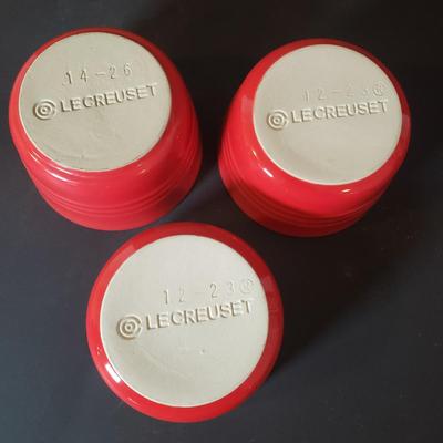 LOT 85K: Le Creuset 9" Cherry Red Pitcher with Ramekins