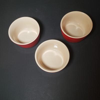 LOT 85K: Le Creuset 9" Cherry Red Pitcher with Ramekins