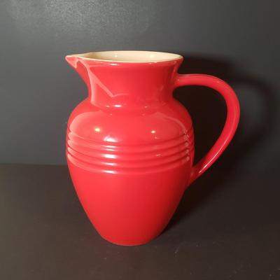 LOT 85K: Le Creuset 9" Cherry Red Pitcher with Ramekins