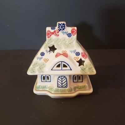 LOT 87K: Polish Pottery Holiday Tea Light Holder, Star Shaped Serving Dish & Snowflake Servingware