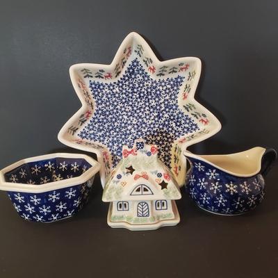 LOT 87K: Polish Pottery Holiday Tea Light Holder, Star Shaped Serving Dish & Snowflake Servingware