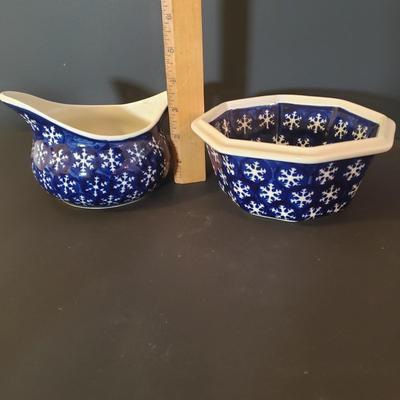 LOT 87K: Polish Pottery Holiday Tea Light Holder, Star Shaped Serving Dish & Snowflake Servingware