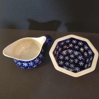 LOT 87K: Polish Pottery Holiday Tea Light Holder, Star Shaped Serving Dish & Snowflake Servingware