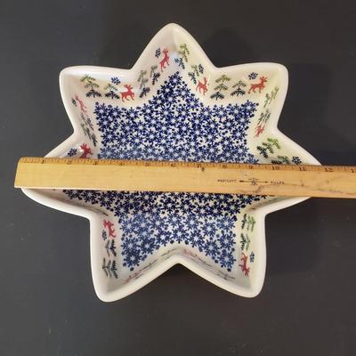 LOT 87K: Polish Pottery Holiday Tea Light Holder, Star Shaped Serving Dish & Snowflake Servingware