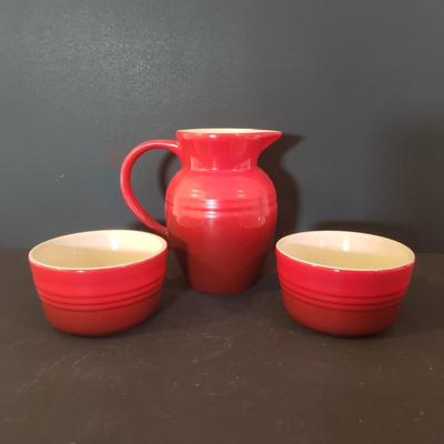 LOT 88K: Le Creuset Small Red Pitcher with Ramekins