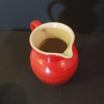 LOT 88K: Le Creuset Small Red Pitcher with Ramekins