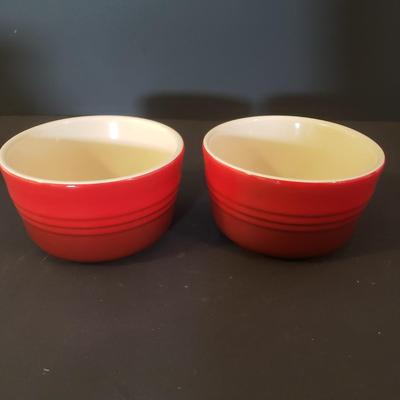 LOT 88K: Le Creuset Small Red Pitcher with Ramekins